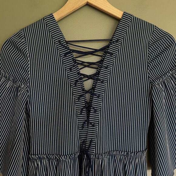 LA LIGNE La Boheme Dress Striped Lace Up Maxi Navy Blue Size XS Tiered Flouncy‎ - Picture 13 of 16